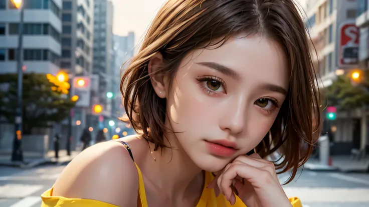 He is colorful, Oversized yellow t-shirt.., Highest quality, masterpiece, Ultra-high resolution, (Realistic:1.4), RAW Photos, One Girl, Off the shoulder, In the Dark, Deep Shadow, Moderate, Night Alley, short hair, roadside, Sitting,  20-year-old,Cute Face...