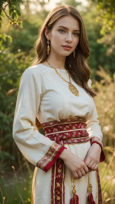 Standing by the golden apple tree, in garden ,Daughter of a Russian noblewoman during the reign of Catherine II, Front view , looking at viewer, Russian girl, 18 age old, (Blond hair, middle hair , wince, Gray eyes, beautiful lip, serious), (gold cresc...