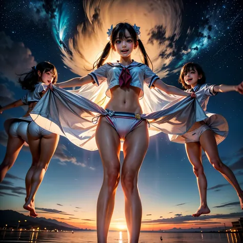  Masterpiece of (ProfessionalPhoto:1.37) ((ExtremelyDetailed (12 PICHIPICHI KAWAII Girls Floating in The Air in a row:1.37) in WHITE at Dusk Enoshima Beach)), {(Standing Full Body:1.2)|(from below:1.2)|Detailed KAWAII face}, Different types of hair colors,...