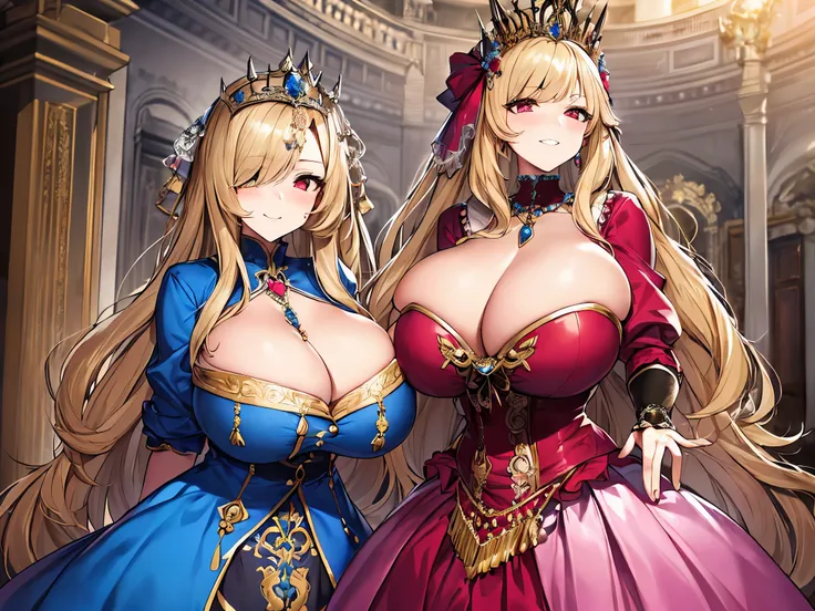 moe anime artstyle,Masterpiece,Best Quality,Super Detail,(Very Delicate and Beautiful),(((one Silver-haired middle age queen and one blonde-haired teenage princess))),(((Arrogant smile))),(((absurdly long Straight hair,Red Eyes)),(((beautiful embroidery an...