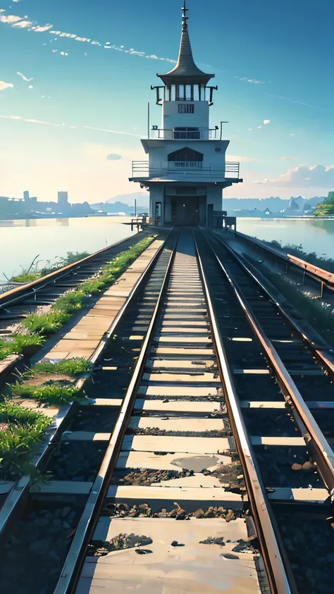 ((Highest quality)), ((High resolution)), ((masterpiece)), (detailed), (photograph),
Submerged railway tracks, The entire track is submerged in water, straight line, (Footprints are visible underwater), 
Wonderful landscape, 