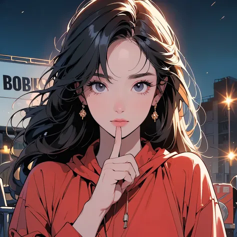 (((Only One Woman))), (((Perfect Face))), 14k, (((Highly detailed background))), (((Highest quality))),Upper Body, Cowboy Shot, 超Detailed Hair, mysterious, (((Faint lighting))),(((Night view))),Ultra detailed red hoodie, Super beauty, goddess,(((Detailed f...