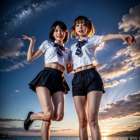  Masterpiece of ProfessionalPhoto ((ExtremelyDetailed (12 PICHIPICHI KAWAII Girls Floating in The Air in a row:1.37) in WHITE at Dusk Enoshima Beach)), {(Standing Full Body:1.2)|(from below:1.2)|Detailed KAWAII face}, Different types of hair colors, {(skin...