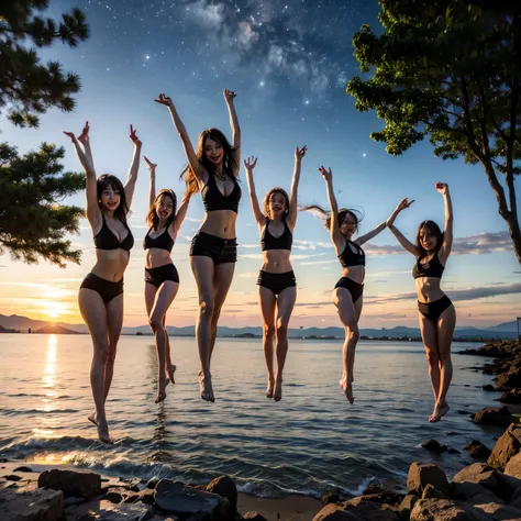  Masterpiece of ProfessionalPhoto ((ExtremelyDetailed (12 PICHIPICHI KAWAII Girls Floating in The Air in a row:1.37) in WHITE at Dusk Enoshima Beach)), {(Standing Full Body:1.2)|(from below:1.2)|Detailed KAWAII face}, Different types of hair colors, {(skin...