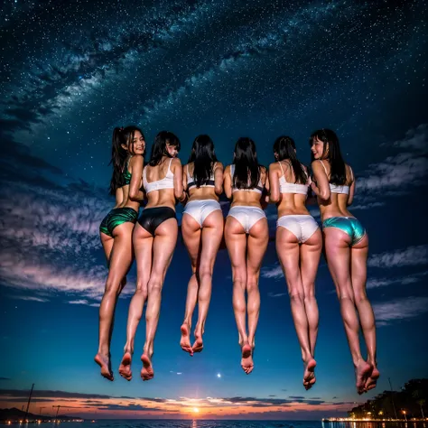  Masterpiece of (ProfessionalPhoto:1.37) ((ExtremelyDetailed (5 PICHIPICHI KAWAII Girls Floating in The Air in a row:1.37) in WHITE at Dusk Enoshima Beach)), {(Standing Full Body:1.2)|(from below:1.2)|Detailed KAWAII face}, Different types of hair colors, ...