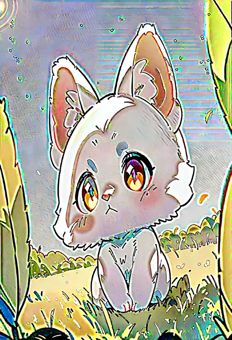 Small cute animals, Small adorable animals, Detailed hairy, Standing on two legs, Animal Ears, Little, No humans, Furry, Face Close Up, grassland, Blue sky, Soft lighting, Shallow depth of field, Digital illustration, 8K, Deformed, Chibi, anime, animeスタイル,