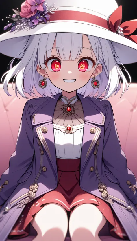 One Girl, alone, Medium Hair, View your audience, Surprised expression、panic、Bitter smile、bangs, ((PurpleのJacket)), Red pastel skirt、Red eyes,White hair in the eye、Shining beautiful eyes、((White boater hat with red ribbon))、White Jewelry, Sitting, Jacket, ...