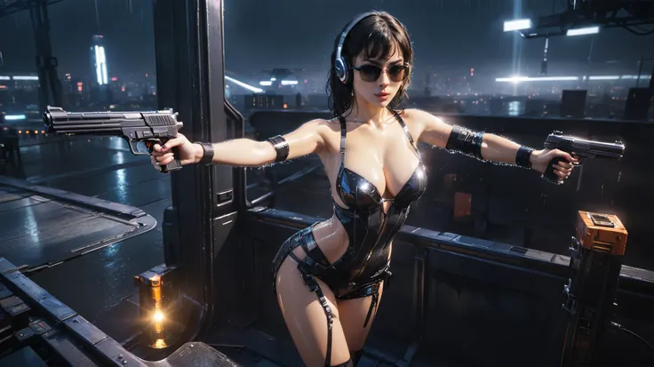 (((aerial view))), Blade Runner style futuristic railway platform, hi-tech train, neon lights, rainy night. (1girl, solo, alone), large-breast:1.2 slim body, cleavage:1.1, sexy lingerie with wet jacket, headphone, (black sunglasses), (((she raised a pistol...