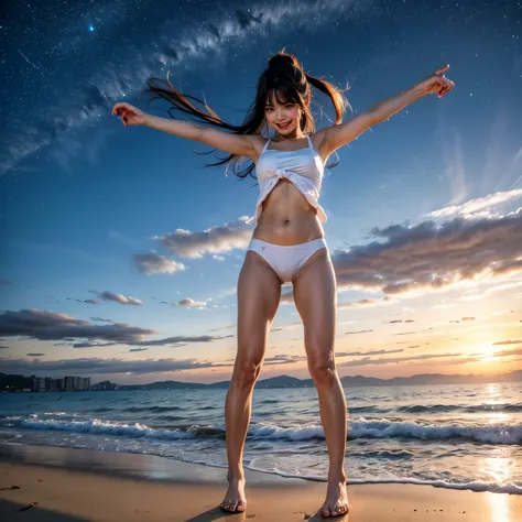  Masterpiece of ProfessionalPhoto ((ExtremelyDetailed (12 PICHIPICHI KAWAII Girls Floating in The Air in a row:1.37) in WHITE at Dusk Enoshima Beach)), {(Standing Full Body:1.2)|(from below:1.2)|Detailed KAWAII face}, Different types of hair colors, {(skin...