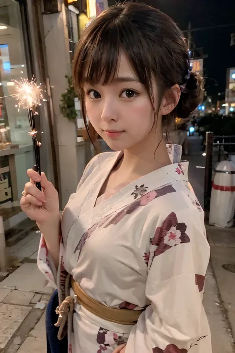 8K, RAW Photo, Best Quality, Masterpiece, Realistic, PhotoRealistic, Extremely Detailed 8K Wallpaper, Beautifully Detailed Eyes, Finely Detailed Face, 
 BREAK 
Professional Lighting, 
 BREAK 
(A Girl is Playing Japanese Sparkler with Extending Own Hand to ...