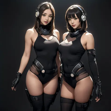 (Two Women),(((Women standing side by side:1.5))),((Black tactical tights:1.5)),((Black headphones:1.5)),((Black Tactical Holster:1.5)),(Black Gloves:1.5),((Wearing the same:1.5)),(Smile:1.5),(beautiful eyes:1.3),(Very detailedな顔:1.5),((Very detailed drawi...