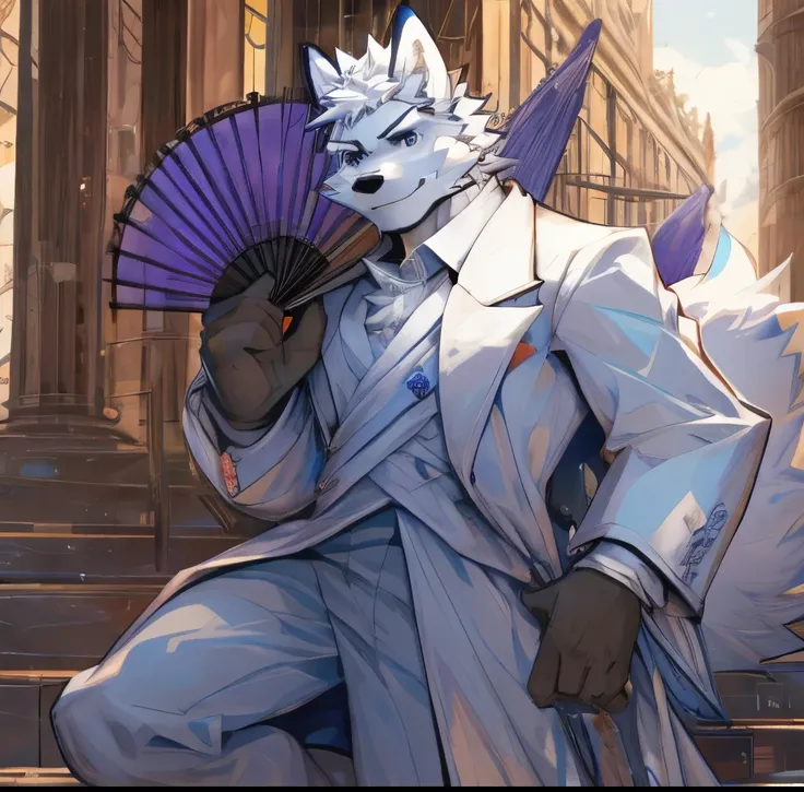 Nine-tailed white fox orc，White hair，White skin，White hair with light blue and lavender hair，masterpiece，White robe with white gauze，180，20 years old，Black boots，Wearing gloves on hands，Elegant gentleman，Coming down the stairs，Holding a closed folding fan，...