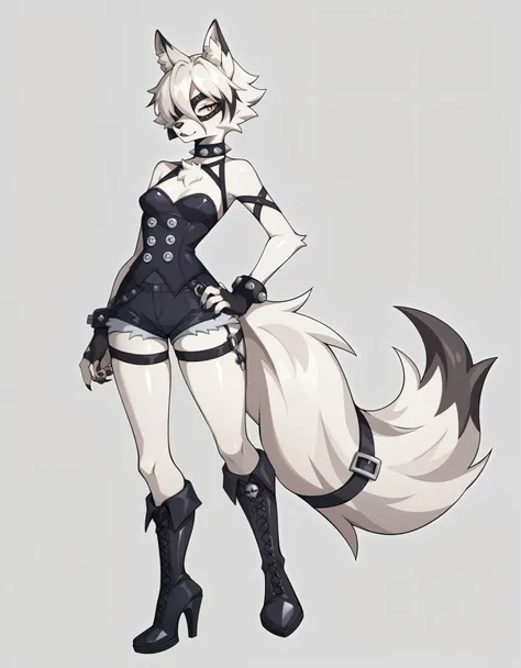 Solo, Score_9, score_8_up, score_7_up, source_anime, von_lycaon_(zenless_zone_zero), Anthro, source_furry, Anthro furry white wolf, all white furry body,  standing, female, feminine, small breasts, wearing black corset, black short shorts, black stiletto b...