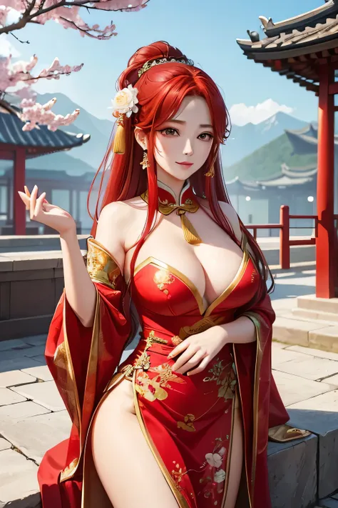 Create an image of Yang Guifei, the famous Chinese imperial consort. She should be depicted with her renowned beauty and grace. Yang Guifei is dressed in a luxurious and elegant traditional Chinese robe with intricate patterns, flowing sleeves, and rich co...