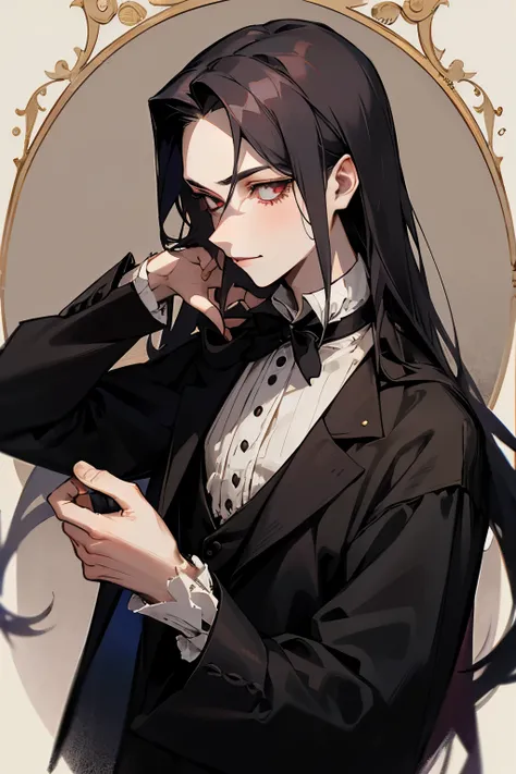 1 , boy, vampyre, with long hair and Victorian-era clothes