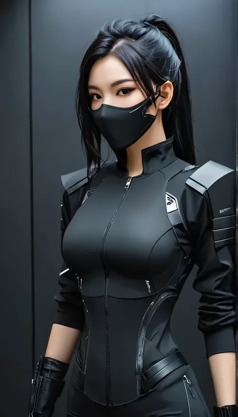 Woman dressed in black with mask and japanese sword katana all black cyberpunk clothes, wearing tech outfit and armor, photo of a woman wearing tech suit, dark sci-fi outfit, cyberpunk costume, female assassin, futuristic tech costume, cyberpunk fashion cl...