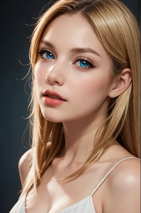 (Best quality,8k,high resolution,masterpiece:1.2),Digital Artwork,Pokémon_eevee,A girl,Delicate face,Delicate eyes,Mi blonde hair,Long straight hair,shiny blue eyes,Red lips,Men's white collar shirt,suspender long skirt,necklace,Pretty Face,Large Breas...