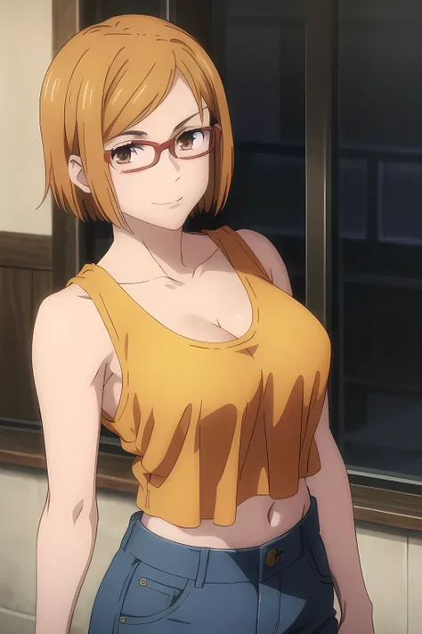 (masterpiece), (best quality), (ultra-detailed), (best illustration), (best shadow), (absurdres), nobarakugisakinova, short hair, orange hair, ((brown eyes)), kugisaki nobara, , 1girl, solo, bangs, closed mouth, looking at viewer, upper body, glasses, ((ye...