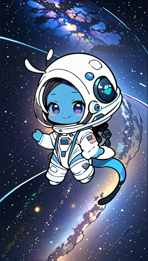 (alien woman),(Spacewalk,Milky Way,milky way,Cute spaceship),(Blue Skin),(Dreadlocks),(Cute tail),White space suit,(Cute Smile),(Subtly sexy),(chibi),(Chibi Character)