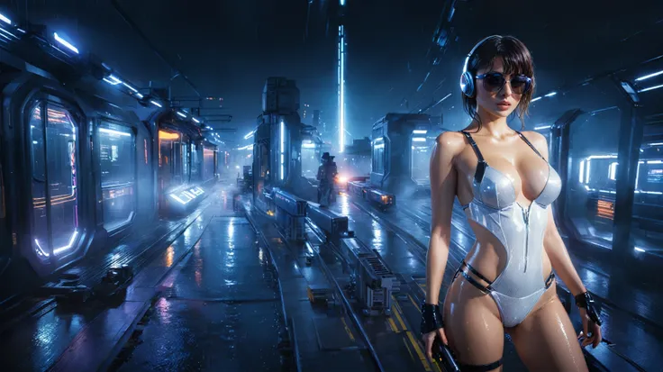(((aerial view))), Blade Runner style futuristic railway platform, hi-tech train, neon lights, rainy night. (1girl, solo, alone), large-breast:1.2 slim body, cleavage:1.1, sexy lingerie with wet jacket, headphone, (black sunglasses), (((she raised a pistol...