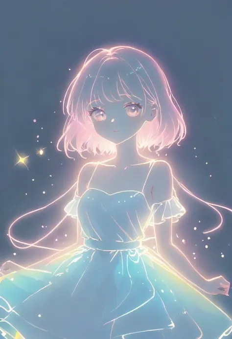 1girl, wering a white dress, (shining pastel colour themes:1.3), white, pastel pink, pastel blue, portrait, (((line art in glowi...