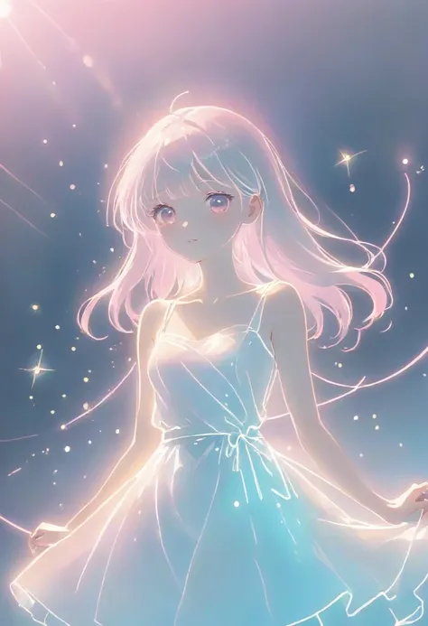 1girl, wering a white dress, (shining pastel colour themes:1.3), white, pastel pink, pastel blue, portrait, (((line art in glowi...