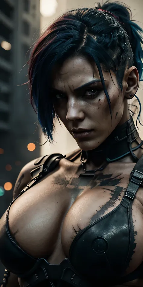 The badass cyberpunk dystopian 3098 apocalypse warrior, dystopian apocalypse ,mature woman, strong body, (red eyes), dark blue hair,((beautiful hard breast)), battle scars, neon shadows,, ,,(Solo leveling:1.1),,,tattoos,(massive perfect snoopy breast:1.0),...