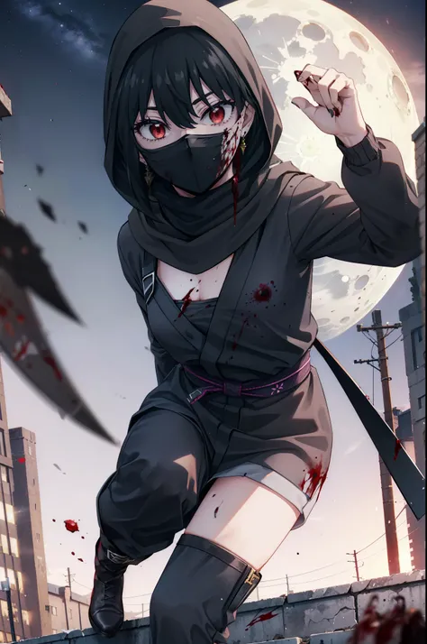 Yorbraia, Yor Briar, Black Hair, (Red eyes:1.5), Earrings, gold hair band, hair band, Long Hair, Side Lock, (Medium chest:1.2), Shadowed face,Hooded,Cover your mouth with a black scarf,strict,black Ninja uniform,Ninja,black Ninja pants,short boots,Action p...