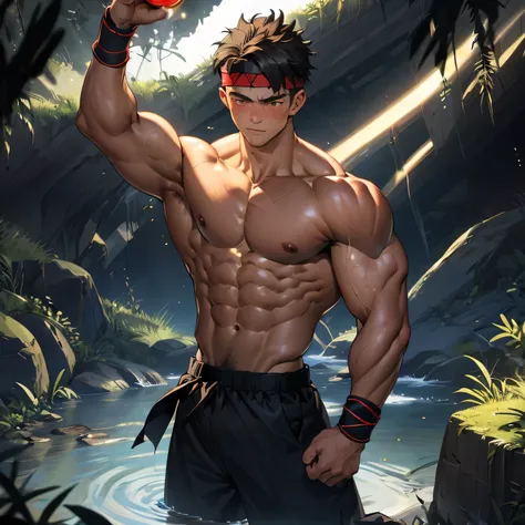 ((masterpiece)), ((best quality)), (ultra-detailed), (((((in the cave, deep night))))), (8k, ultra-detailed, 17 year old boy, worm eyes, black background), Young boy, muscler, Shirtless, ((((solo, fullbodyesbian, flesh boy, tough boy, reliable boy, develop...