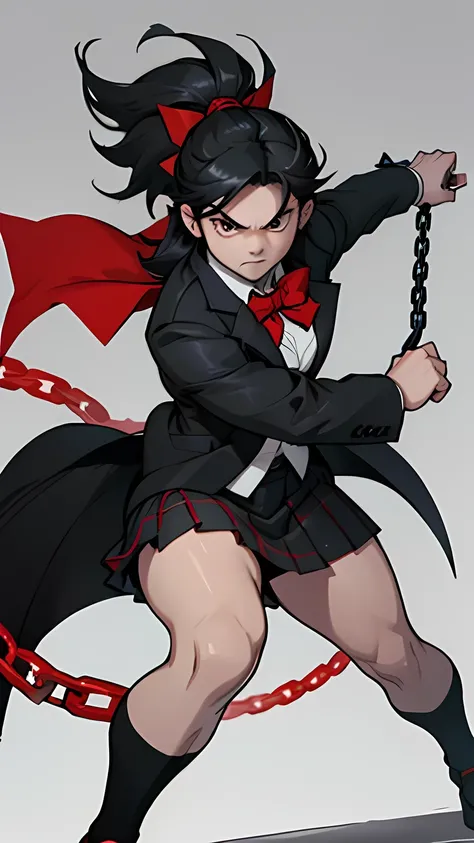 A 21 year old Asian girl, black hair, bangss, Eyes red, slim, pale skin, with gray and white plaid skirt, black blazer with coat of arms, Red bow tie, angry, holding a chain with spiked ball, ready to attack, in combat pose, fully body.