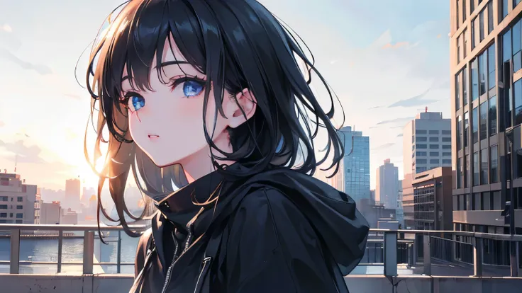 A girl in a city street, wearing casual street style clothing, staring directly at the viewer, beautiful detailed eyes, beautiful detailed lips, extremely detailed face, long eyelashes, black hair, daylight, cityscape, (best quality,4k,8k,highres,masterpie...