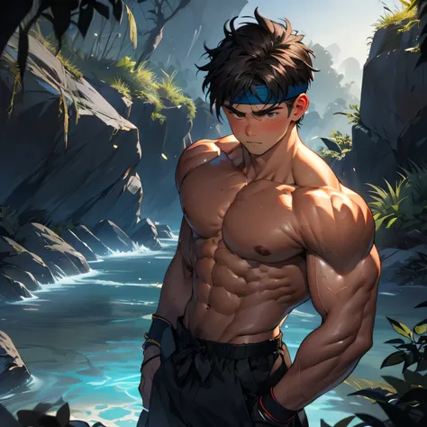 ((masterpiece)), ((best quality)), (ultra-detailed), (((((in the cave, deep night))))), (8k, ultra-detailed, 17 year old boy, worm eyes, black background), Young boy, muscler, Shirtless, ((((solo, fullbodyesbian, flesh boy, tough boy, reliable boy, develop...