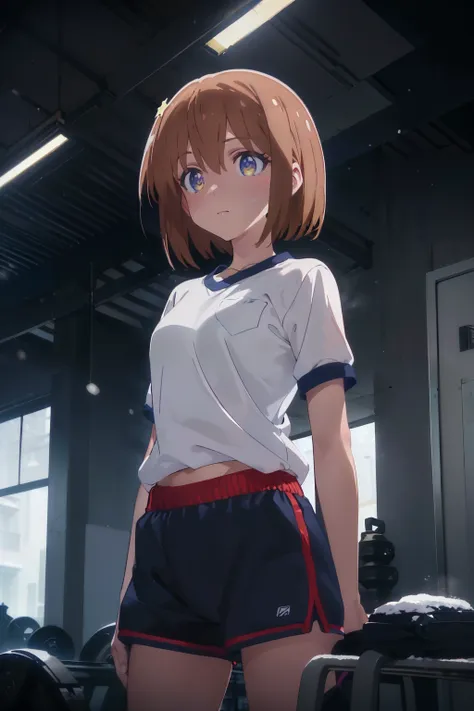 ((obra maestra, la mejor calidad, ultrahigh resolution)), (((a girl in a gym uniform, blue japanese ladies gym shortlack hair, d...