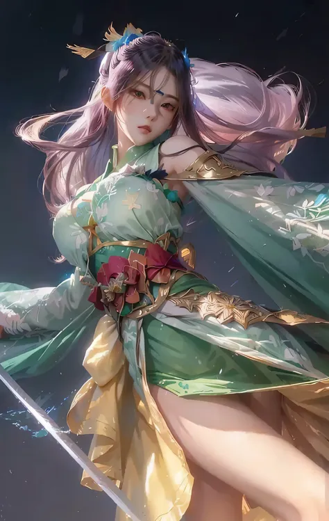 anime girl with a sword and a flower in her hand, artgerm lau, green lingerie, hot body, style artgerm, onmyoji detailed art, ruan jia and artgerm, style of artgerm, inspired by Ju Lian, artgerm and ruan jia, extremely detailed artgerm, artgerm style, artg...