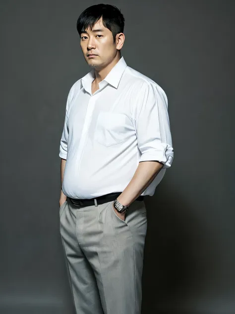 Draw a middle-aged Korean man in his 40s with a noticeable belly. He has the rough and tough appearance of a Korean gangster. He is dressed in a white shirt. The mans expression is stern and intimidating, and he has short, dark hair. The background should ...