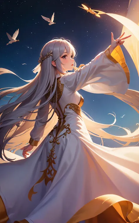 Girl, long hair, long dress, flying in the air and pointing upwards, while flying. Back view of the girl. Hd, ultra hd. Fantasy. 