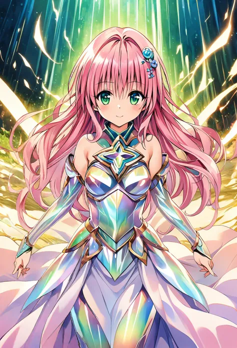 A girl named Lara Satalin Deviluke with long pink hair and green eyes, wearing a hair ornament with iridescent colors. She is dressed in ornate, iridescent armor and standing in a mystical battlefield with ethereal creatures and magical elements around. Th...