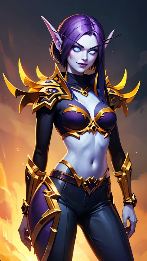 (1girl, purple hair, short hair, spiral eyes, smirk) (digital) (standing) (looking at viewer), (tuxedo) (pants)) , best quality, blue eyes, pointy ears, colored skin, blue skin, armor, Purple armor, crop top, gold trim, navel, voidelf, 