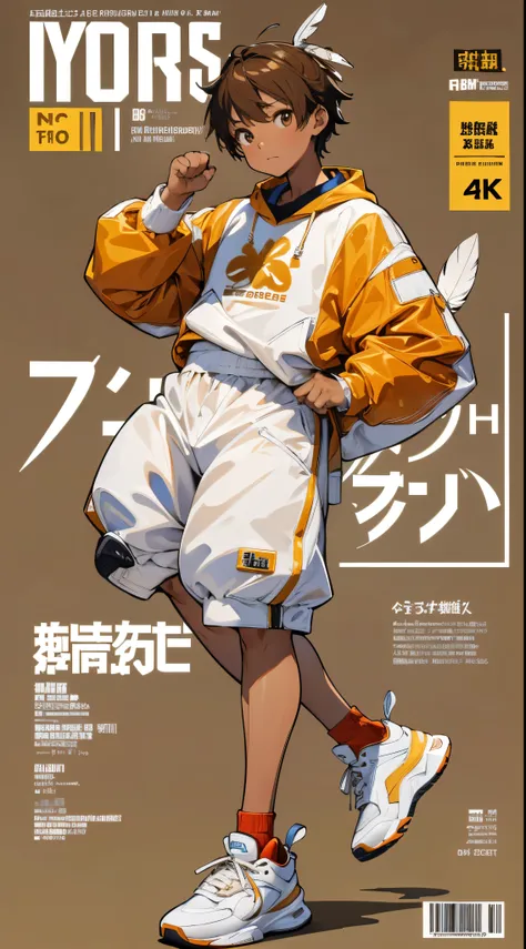 A character based on a light brown chicken, whole body, Wearing big sneakers, Simple Background, Magazine Cover, サイバーパンク, Feather-like clothing, raised fist, projected inset, UHD, best quality, highres, 8k