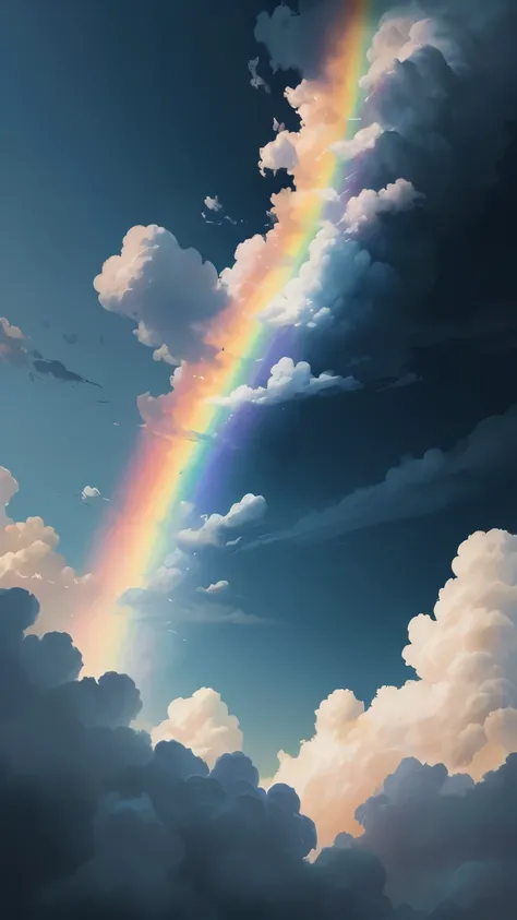 ((best quality)), ((masterpiece)), (detailed), A digital illustration of a dark blue sky with fluffy white clouds and a rainbow after a storm