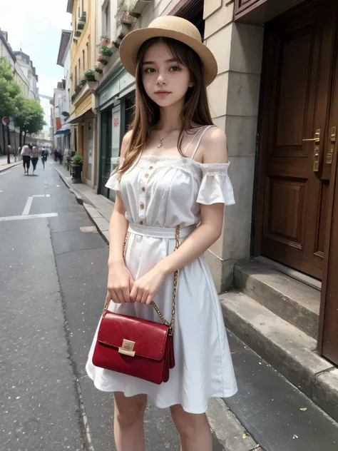 Masterpiece, hd, best quality, 18 y.o, teenager girl, 1girl, European girl, brown hair, medium hair, wear white dress, wearing summer hat, standing, outdoor, streets, wearing red purses, (purse:1.2)