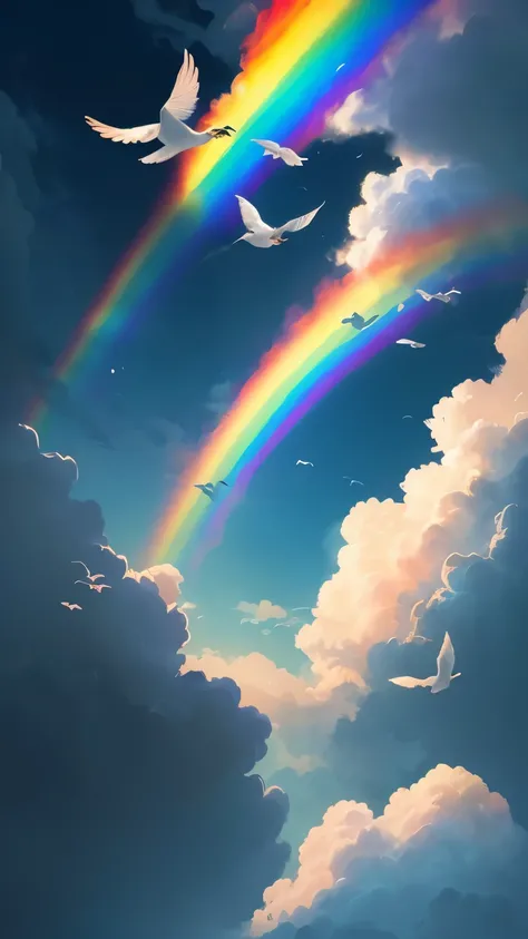 ((best quality)), ((masterpiece)), (detailed), A digital illustration of a dark blue sky with fluffy white clouds, cute birds, and a rainbow after a storm