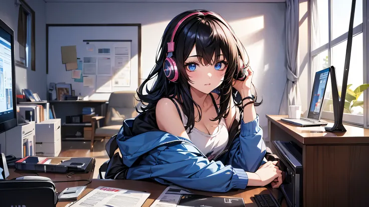 ((UHD, super detail, best quality, highres)),black hair, hair over shoulder, medium hair, blue eyes, (headphones), anime, anime style, She is in his room listening to music and studying.