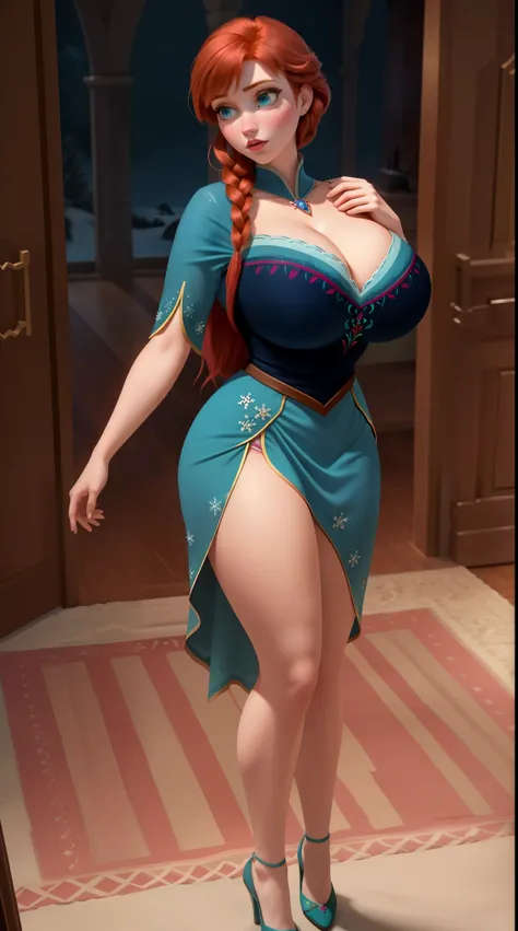 ,30 years old Anna from Frozen, woman, ((Masterpiece, best quality)), full body view, wide hips, bursting huge breasts, detailed skin, Anna from Frozen,  highly detailed, cinematic lighting, ultra realistic, blush, looking at viewer, Anna, Anna from movie ...