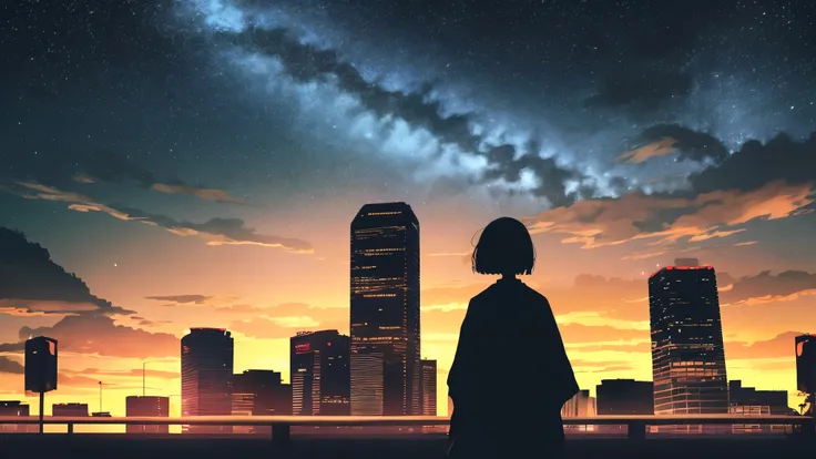 japanese cartoon movies,silhouette,1 woman, star (sky), cloud, cityscape, building, city, outdoors, skyscraper, city lights, night, night sky, sunset, skyline