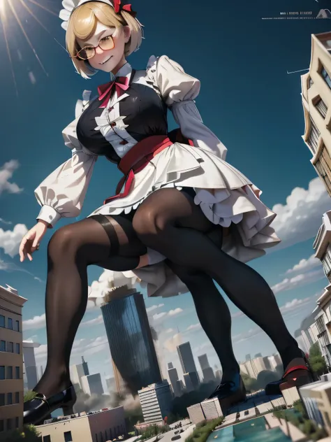 multiple girls, giantess art, highly detailed giantess shots, giantess, most detailed, perfect face, Two legs, Five fingers, short hair, A beautiful girl who is bigger than a skyscraper, Wearing rimless glasses, smile, huge breasts, Maid clothes, Black Pan...