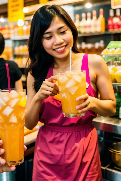 Women stand hold iced thai drink