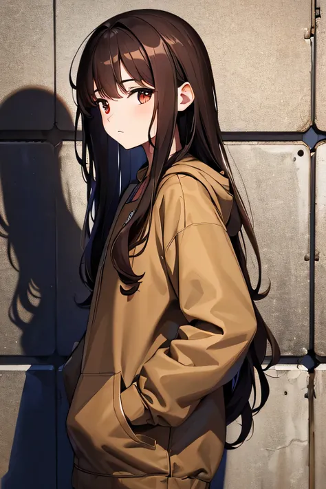 master piece,best quality,ultra-detailed,dark brown hair,18yo,long hair,curly hair,flat chest,breast focus,standing against the wall,from side,hooded sweatshirt,parka,alley,hands in pockets,looking at view