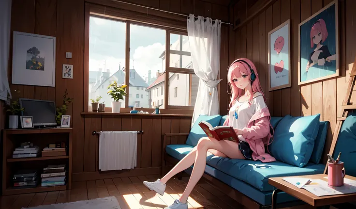 ((Highest quality)), ((masterpiece)), (detailed), 1人のgirl, Super high quality by the god of art, High resolution, Pink Hair, alone, girl, , Wear headphones, Rain outside the window, Sitting on the couch, I read a book,Angle from the front