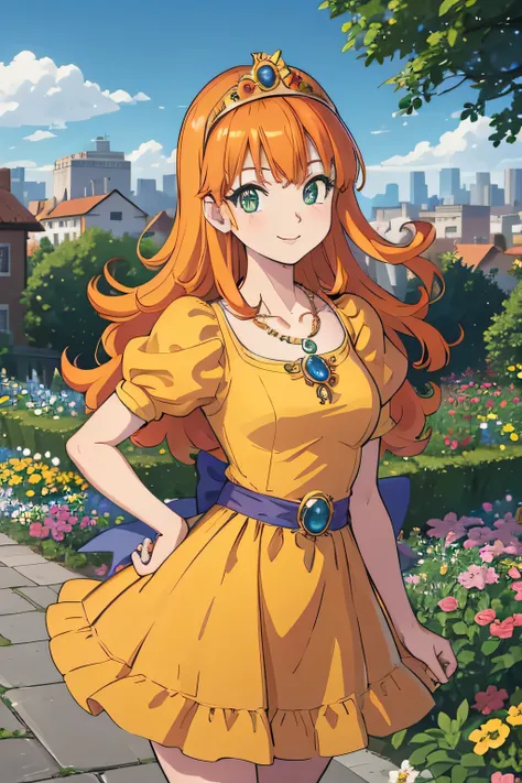 masterpiece, Highest quality, Dukraura, Orange Hair, tiara, necklace, Yellow leotard, Elbow hand pockets, Cowboy Shot, View your viewers, city, garden, null, spring, smile 